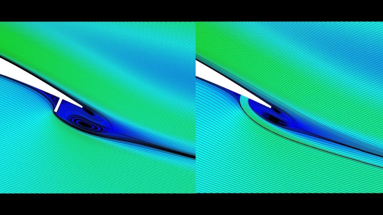 Using microjets to blow air out of the trailing edge of an airfoil (right) has the potential to increase lift while reducing aerodynamic drag caused by mechanisms like flaps and elevators (left). Graphics courtesy of Case van Dam. uc davis mechanical aerospace engineering case van dam nasa wind tunnel airfoil